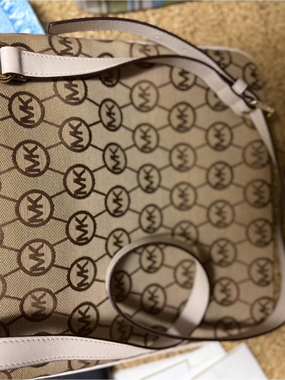 Michael Kors Taupe and White Logo Crossbody Bag